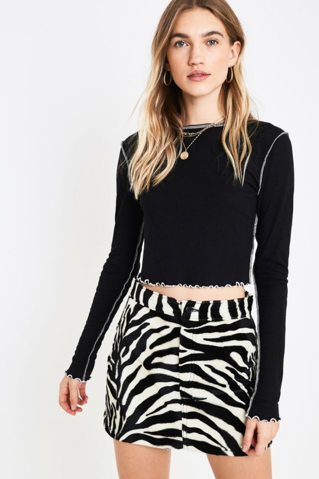 UO Black Contrast Stitch Lettuce Edge Top | Urban Outfitters UK