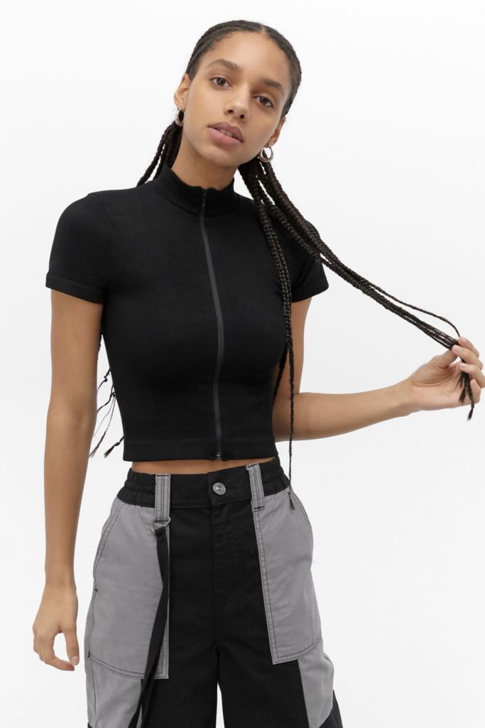 Uo Ribbed Zip Through Funnel Neck Top Urban Outfitters Uk