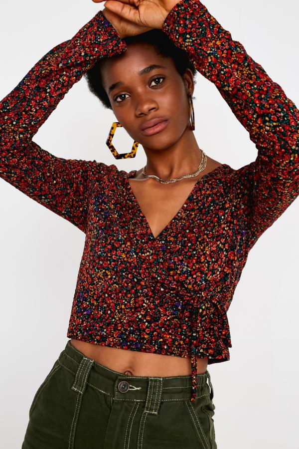Uo Floral Jacquard Long Sleeve Wrap Blouse Urban Outfitters Uk