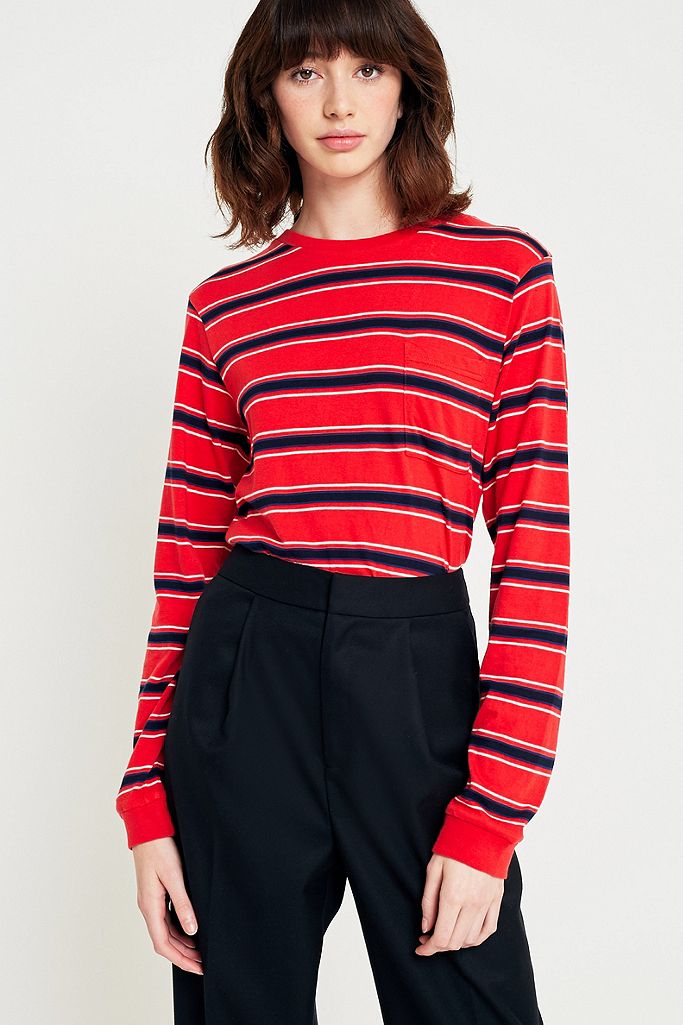 UO Red Striped Pocket Long Sleeve T-Shirt | Urban Outfitters UK