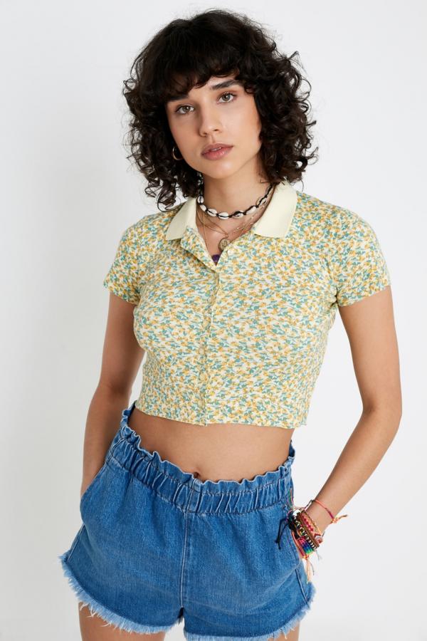 UO Yellow Ditsy Floral Button-Through Polo Shirt | Urban Outfitters UK