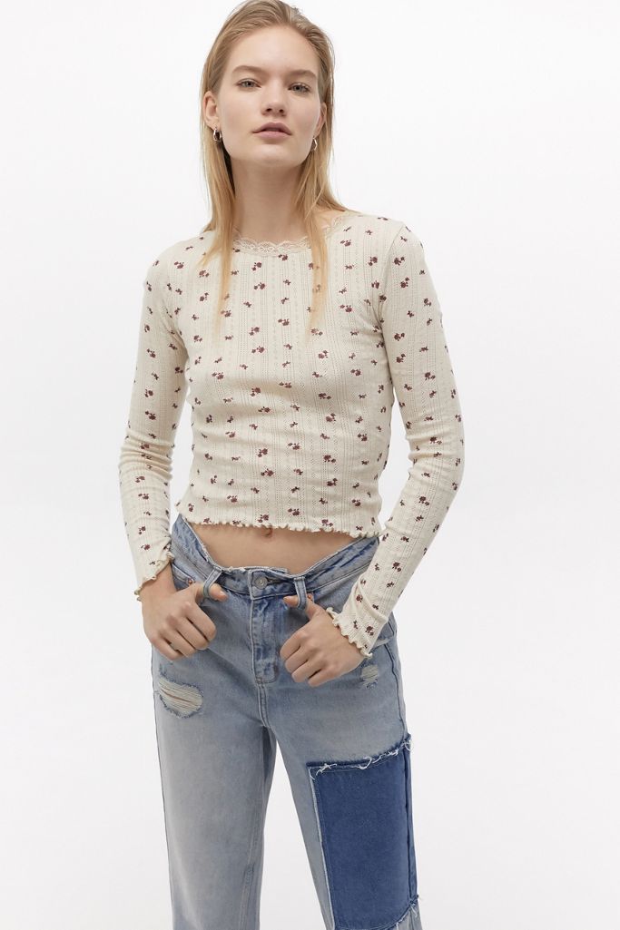 UO Ditsy Floral Pointelle LongSleeve Top Urban Outfitters UK