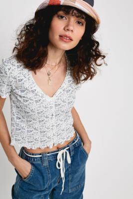 UO Blue Ditsy Floral Button-Through Top | Urban Outfitters UK