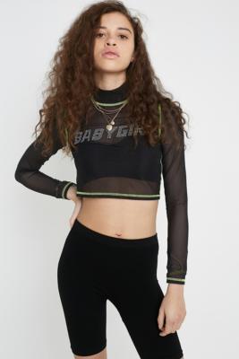 UO Babygirl Gem Black Mesh Long-Sleeve Top | Urban Outfitters UK