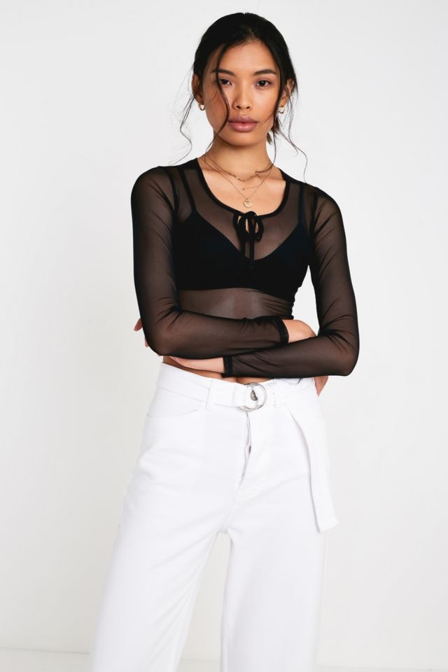 UO Tie Front Mesh Long-Sleeve Top | Urban Outfitters UK