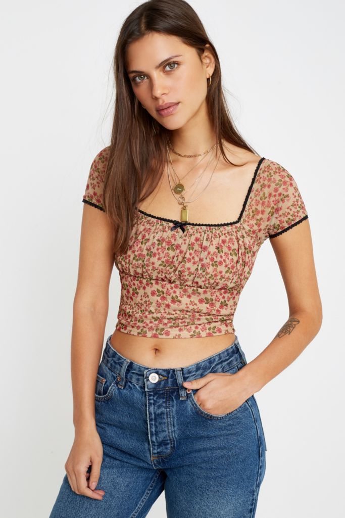 UO Floral Mesh Ruched Top | Urban Outfitters UK