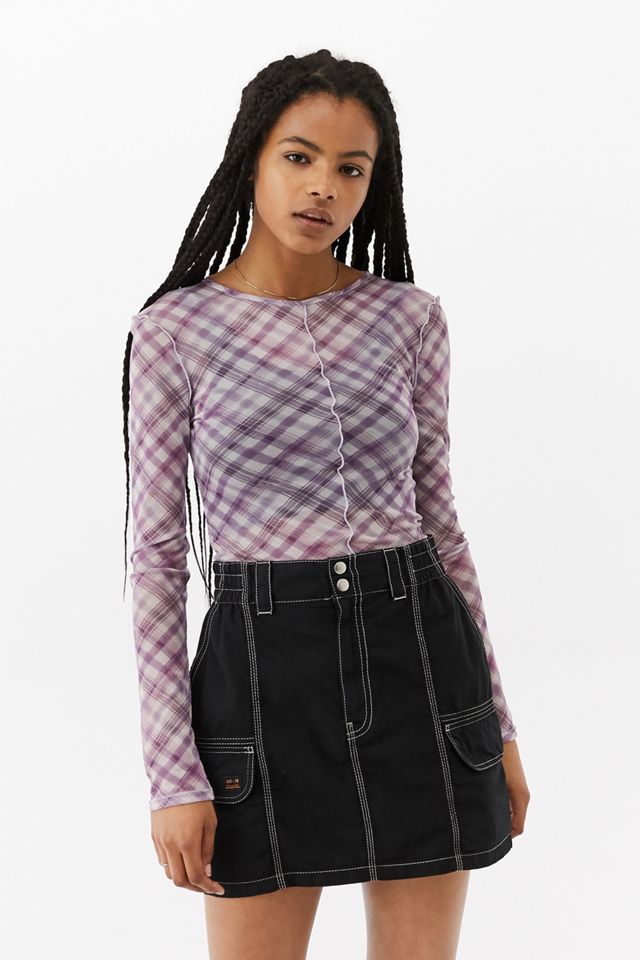UO Lilac Check Lettuce Edge Mesh Top Urban Outfitters UK