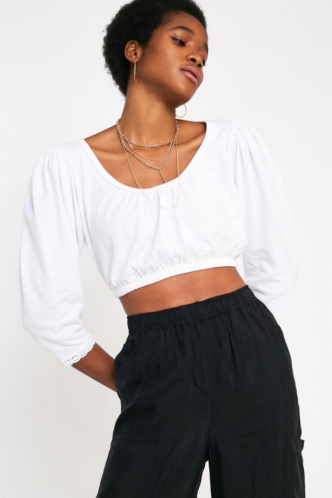 UO Maleia White Puff Sleeve Cropped Top Urban Outfitters UK