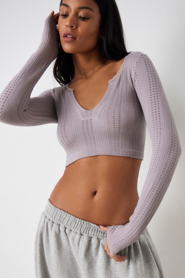 Slide View: 1: UO Go For Gold Pointelle Notched Long-Sleeved Crop Top