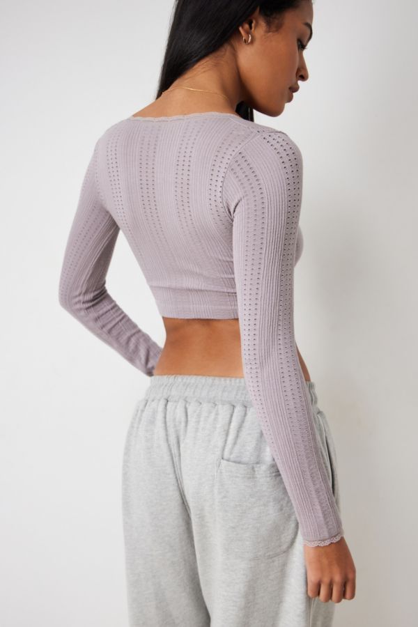 Slide View: 4: UO Go For Gold Pointelle Notched Long-Sleeved Crop Top