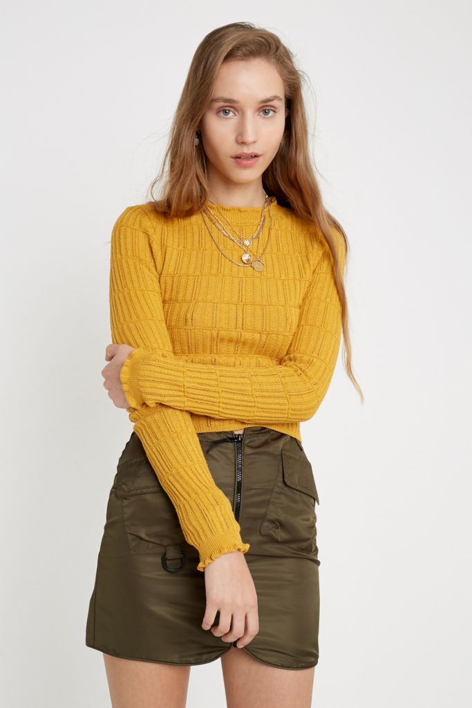 UO Pointelle Frill Long-Sleeve Yellow Top | Urban Outfitters UK