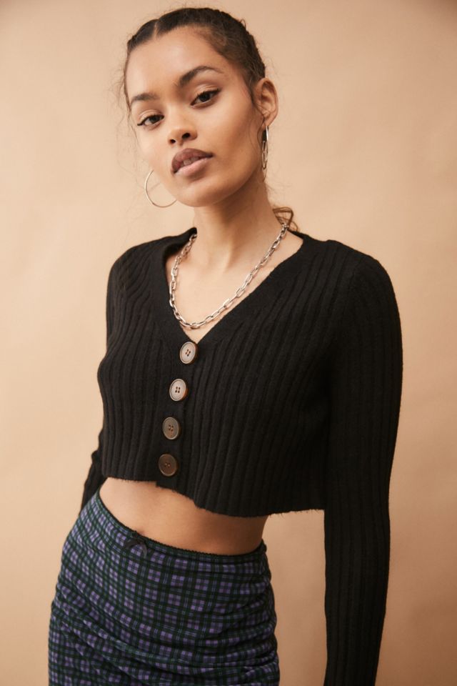 Uo Rose Ribbed Cropped Cardigan Urban Outfitters Uk