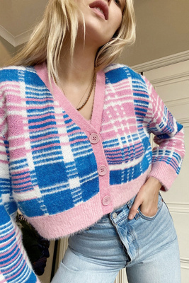 blue and pink cardigan