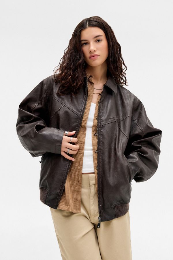 Slide View: 1: BDG Fran Faux Leather Bomber Jacket