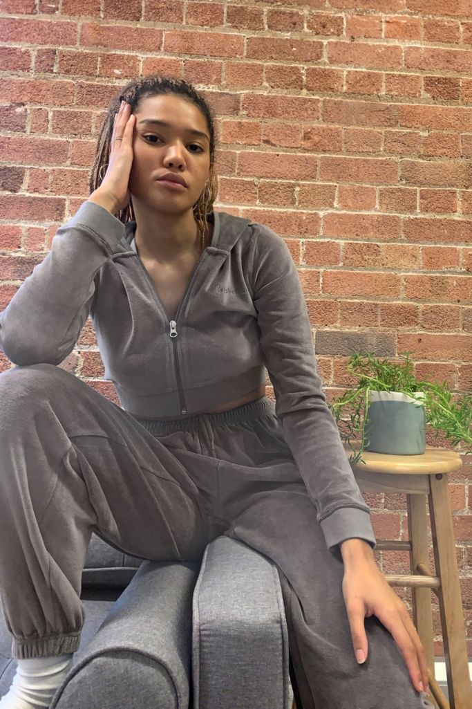 iets frans... Grey Cropped Velour Hoodie | Urban Outfitters UK