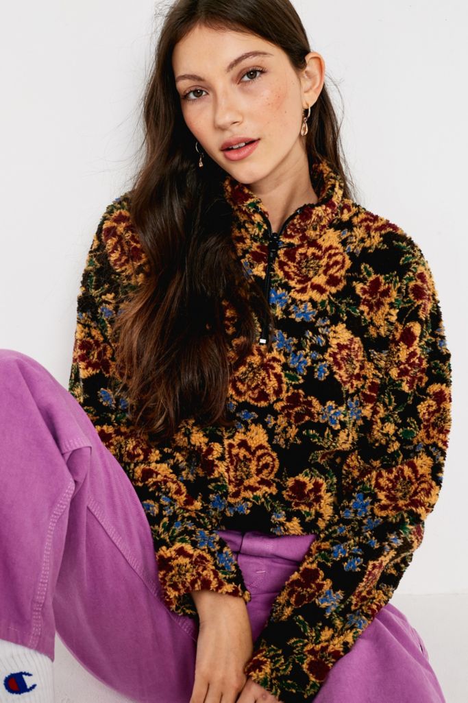 UO Burgundy Floral Fleece Track Top | Urban Outfitters UK