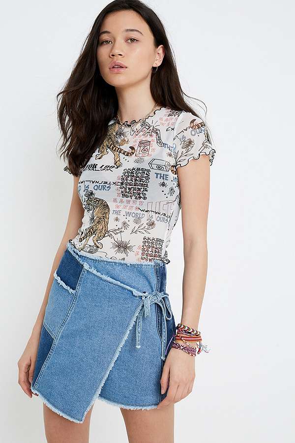 UO Patchwork Fray Wrap Mini Skirt | Urban Outfitters UK