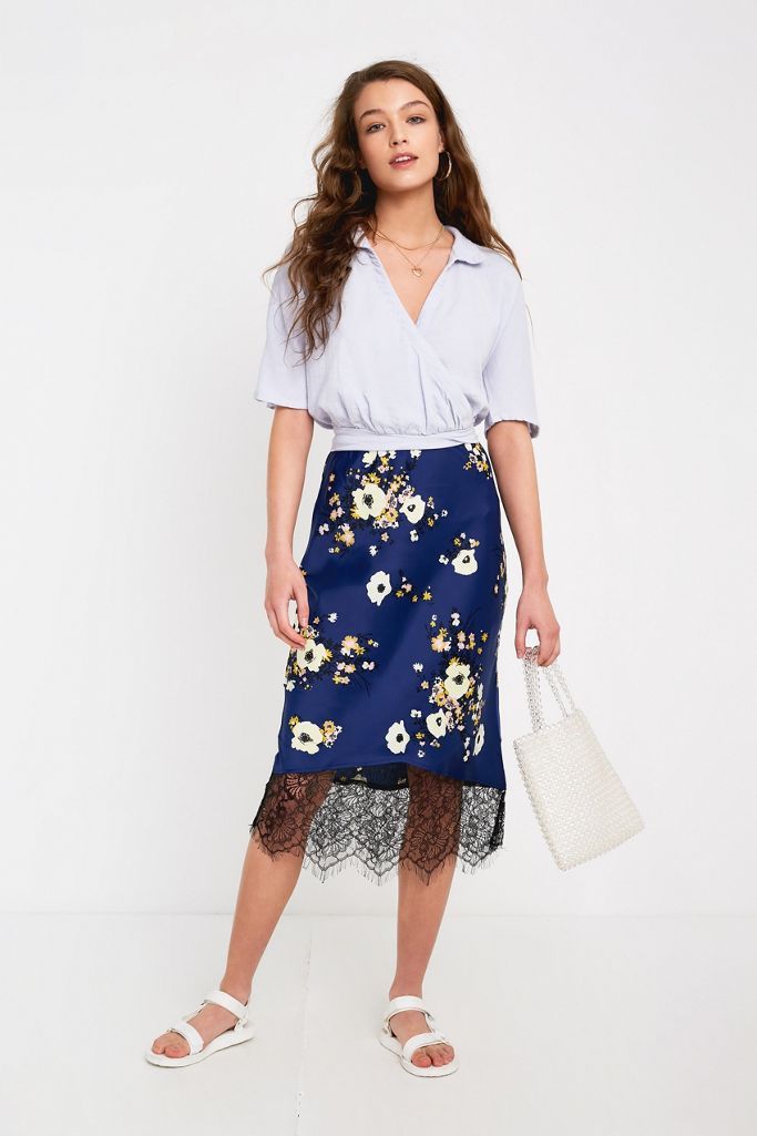 UO Molly Floral Silky Lace Trim Slip Skirt Urban Outfitters UK