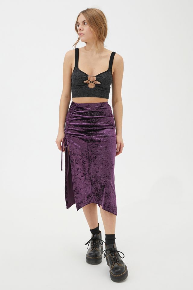 UO Gracie Purple Velvet High-Slit Midi Skirt | Urban Outfitters UK