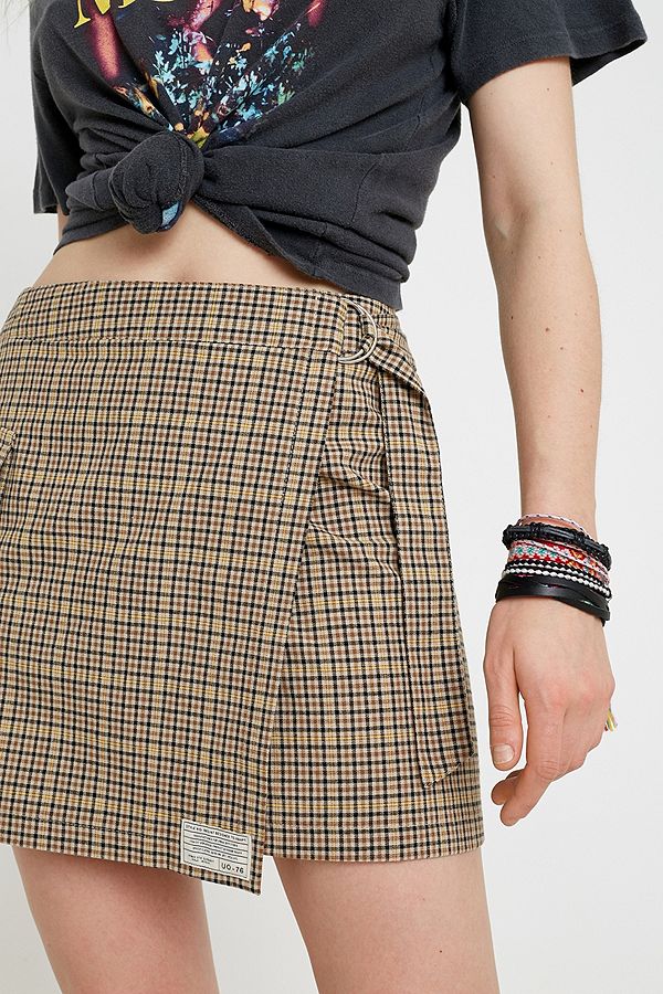 Slide View: 2: UO Check Print Wrap Mini Skirt