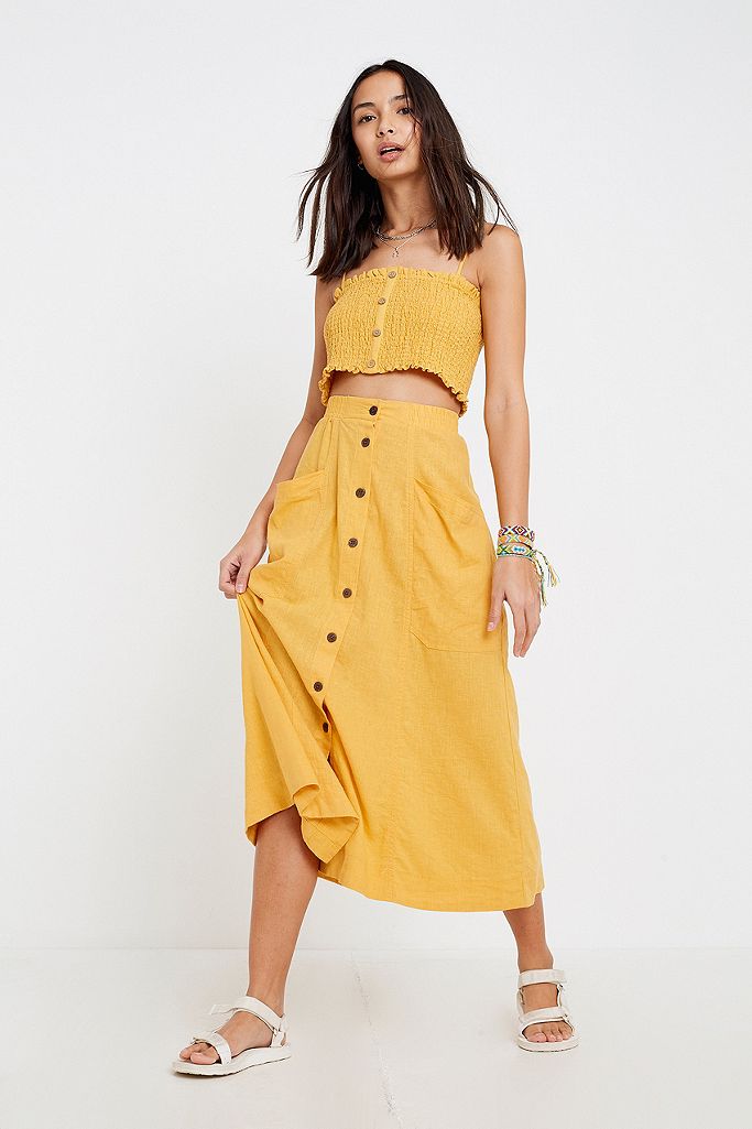UO Ammy Yellow Button-Through Midi Skirt | Urban Outfitters UK