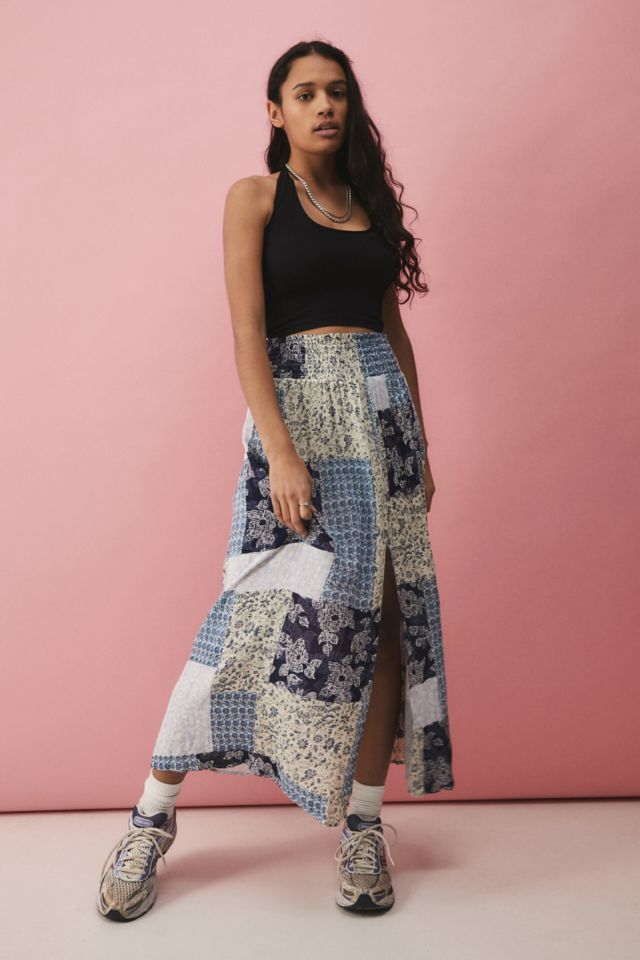 UO Soft Crinkle Patchwork Print Midi Skirt | Printed Midi Skirt