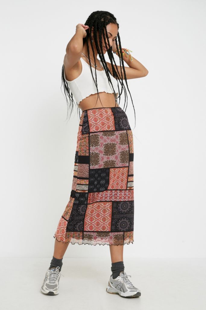 UO Patchwork Print Mesh Midi Skirt | Urban Outfitters UK