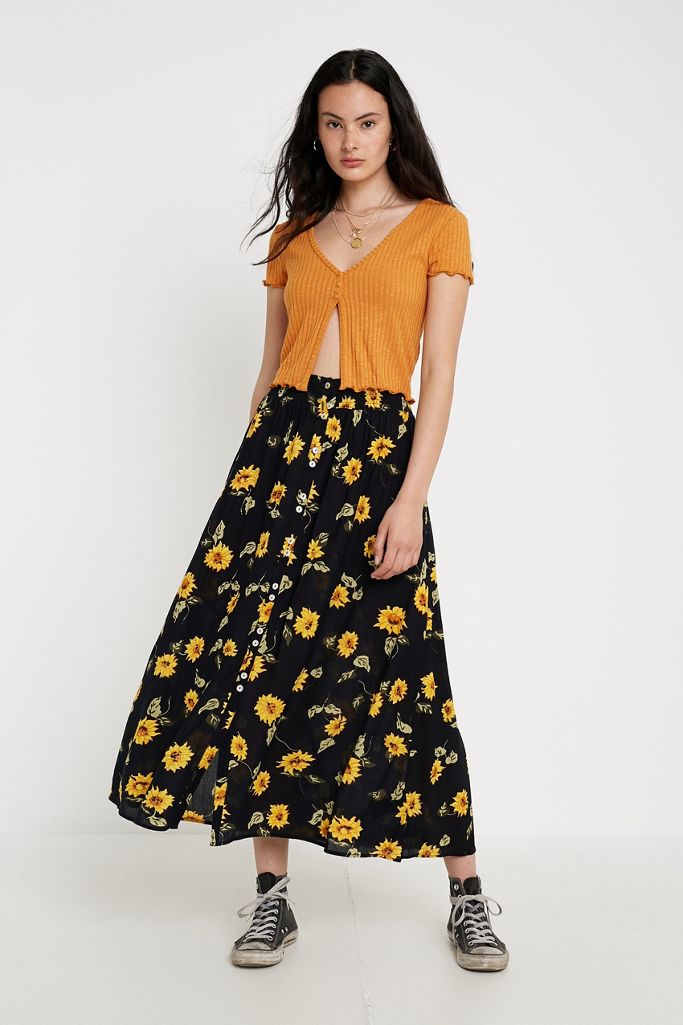 UO Sunflower Print Button-Through Midi Skirt | Urban Outfitters UK