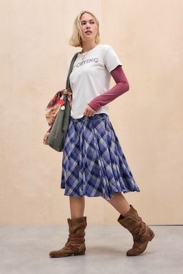 UO Olga Check Godet Midi Skirt