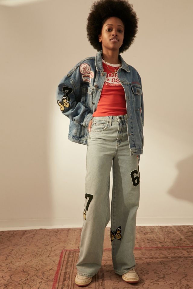 BDG Vintage Blue Badged Wide-Leg Puddle Jeans | Urban Outfitters UK