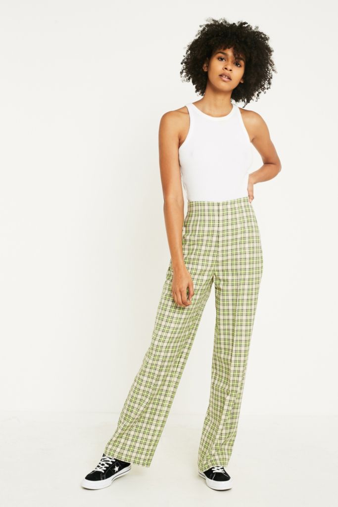 UO Green Check High-Rise Puddle Trousers | Urban Outfitters UK