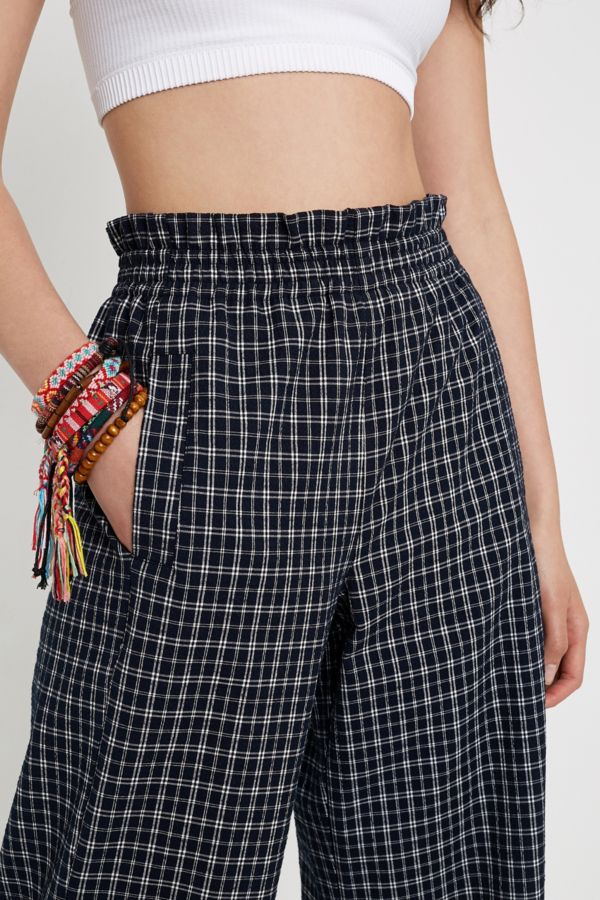 UO Navy Seersucker Paperbag Waist Trousers | Urban Outfitters UK