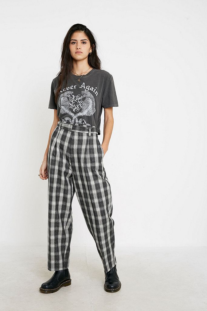 UO Check Print Belted Cocoon Trousers | Urban Outfitters UK