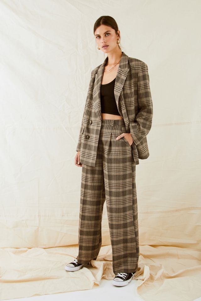 UO Neutral Checked High-Waisted Puddle Trousers | Urban Outfitters UK