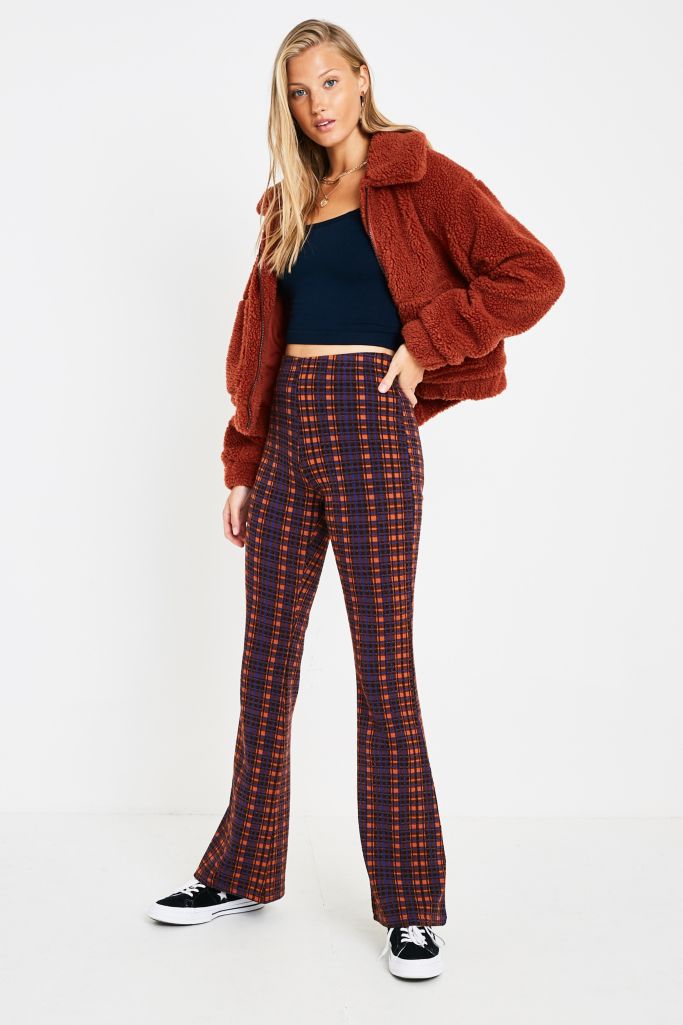 UO Orange Check Jacquard Flare Trousers | Urban Outfitters UK