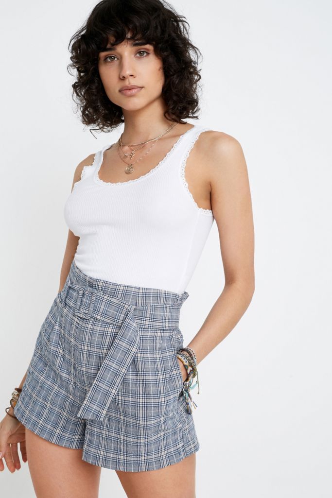 UO George Blue Check Buckle High Waisted Shorts | Urban Outfitters UK