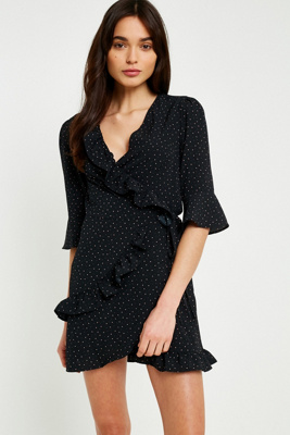 UO Polka Dot Ruffle Wrap Dress | Urban Outfitters UK