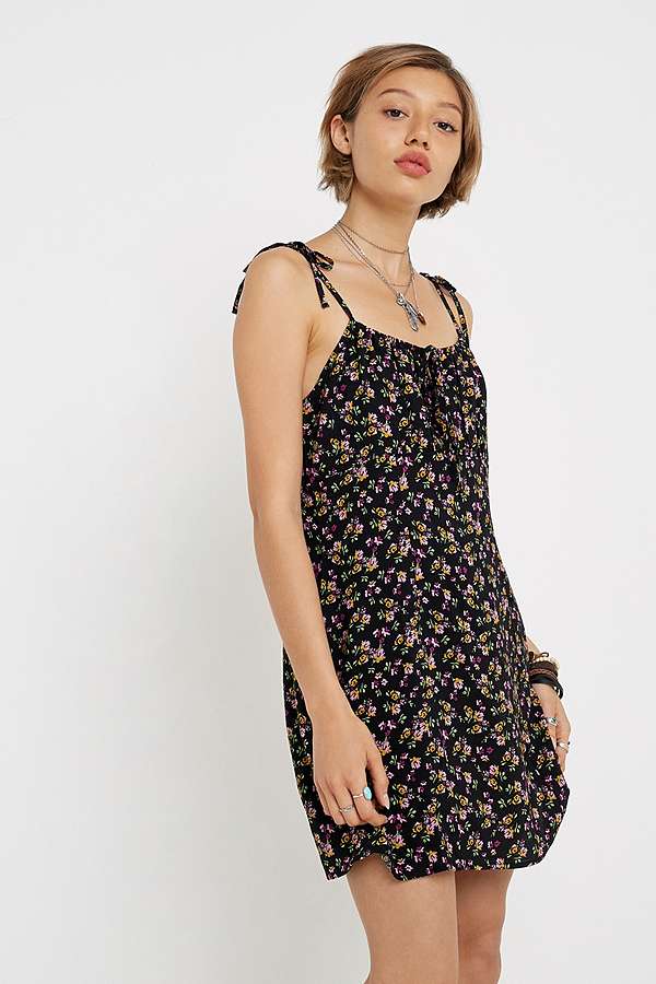 UO Julia Black Floral Tie Sun Dress | Urban Outfitters UK