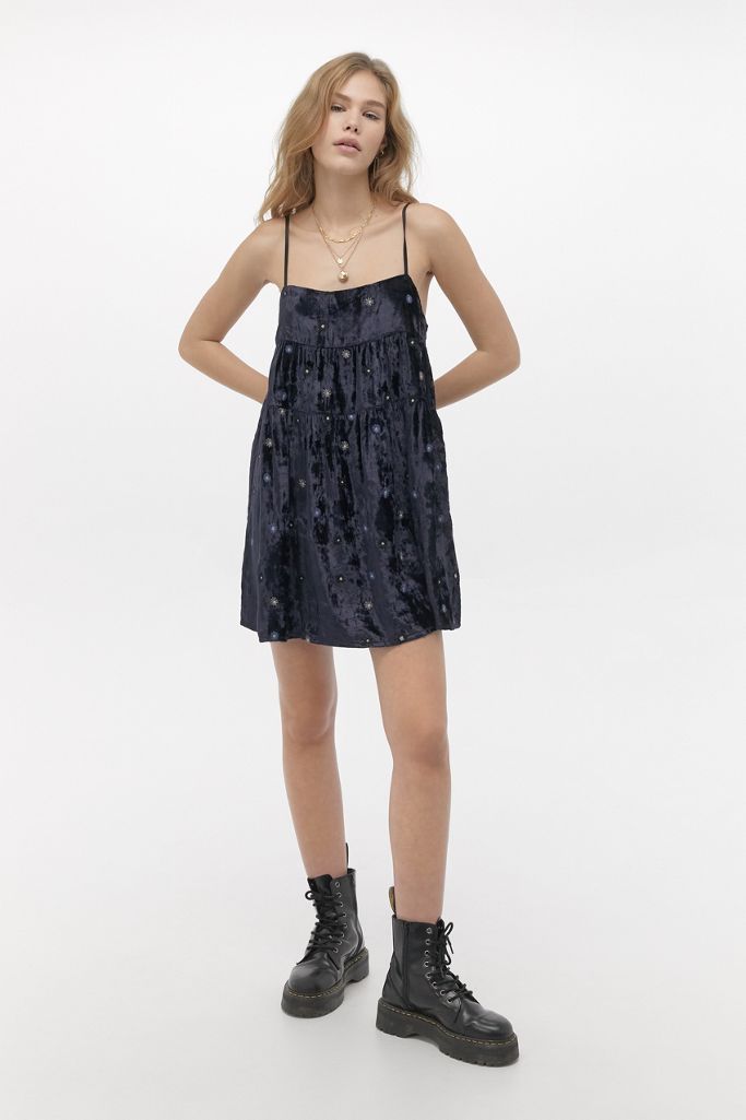 Kimchi Blue Alice Embroidered Velvet Babydoll Dress Urban Outfitters UK