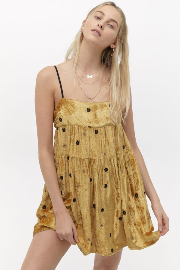 Kimchi Blue Alice Embroidered Velvet Babydoll Dress Urban Outfitters UK