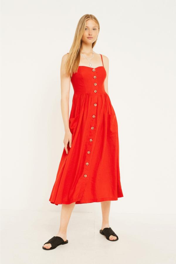 UO Emilia Red Button-Through Midi Dress | Urban Outfitters UK