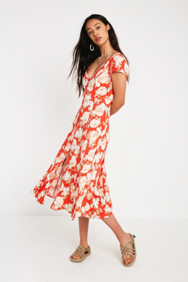 narrated red ditsy floral midi dress