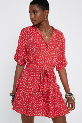 UO Matilda Red Floral Shirt Dress | Urban Outfitters UK