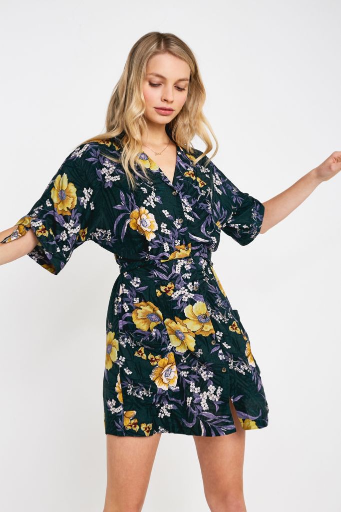 UO Waikiki Teal Floral Wrap Mini Dress | Urban Outfitters UK