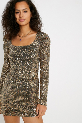 Urban Outfitters – Langärmliges Minikleid in Gold mit Pailletten ...