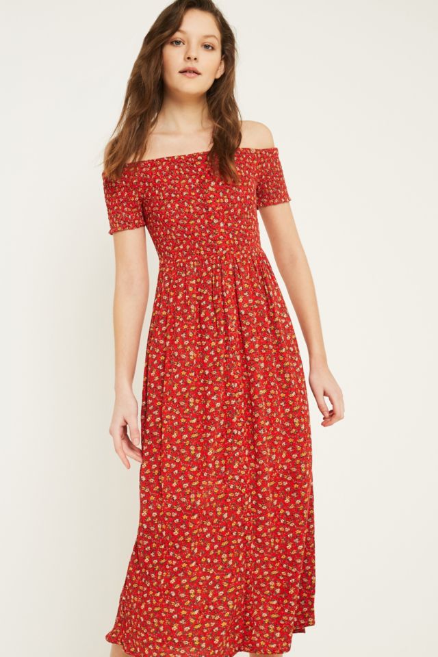 UO Monica Red Floral Midi Dress | Urban Outfitters UK