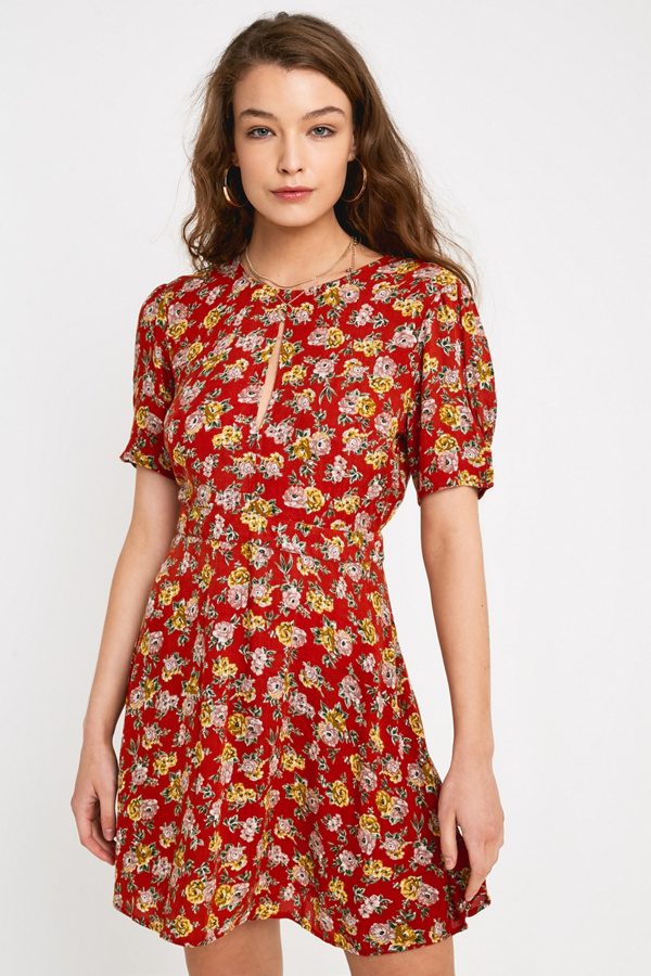 UO Red Floral Mini Tea Dress Urban Outfitters UK