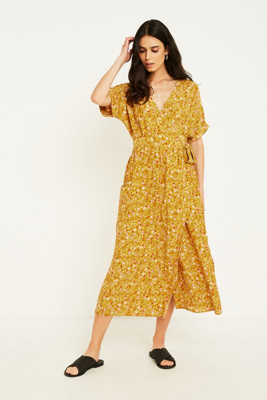 mustard midi wrap dress