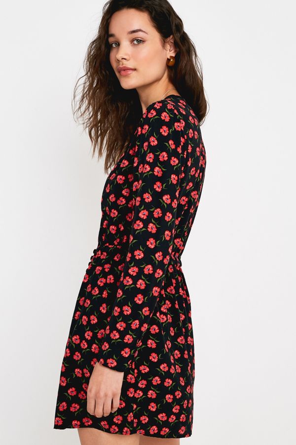 UO Black Floral Shirt Dress Urban Outfitters UK