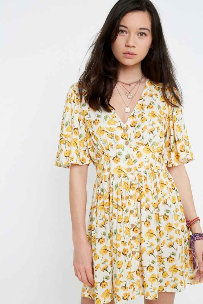 UO Yellow Floral Primrose Mini Dress | Urban Outfitters UK